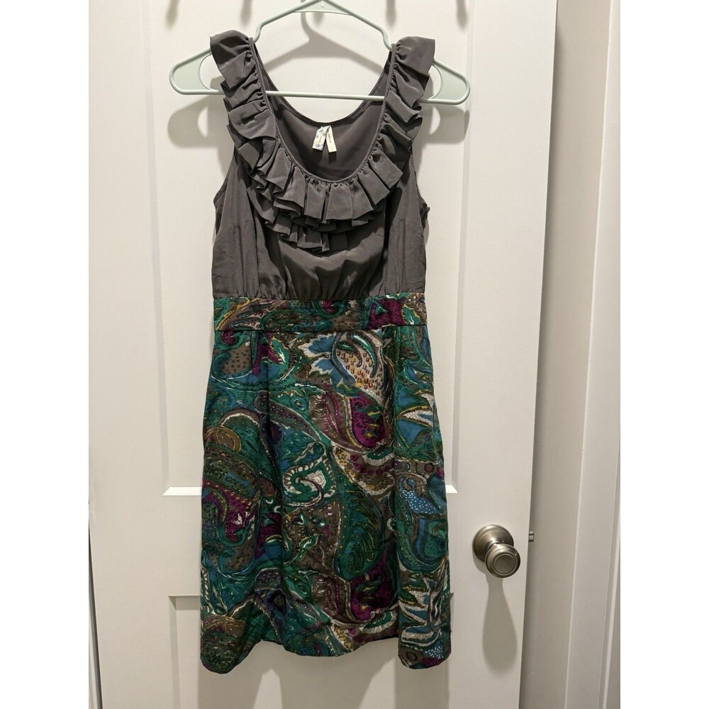 Anthropologie Maeve Paisley Silky Ruffle Dress Small 4 Y2K Retro Office Boho